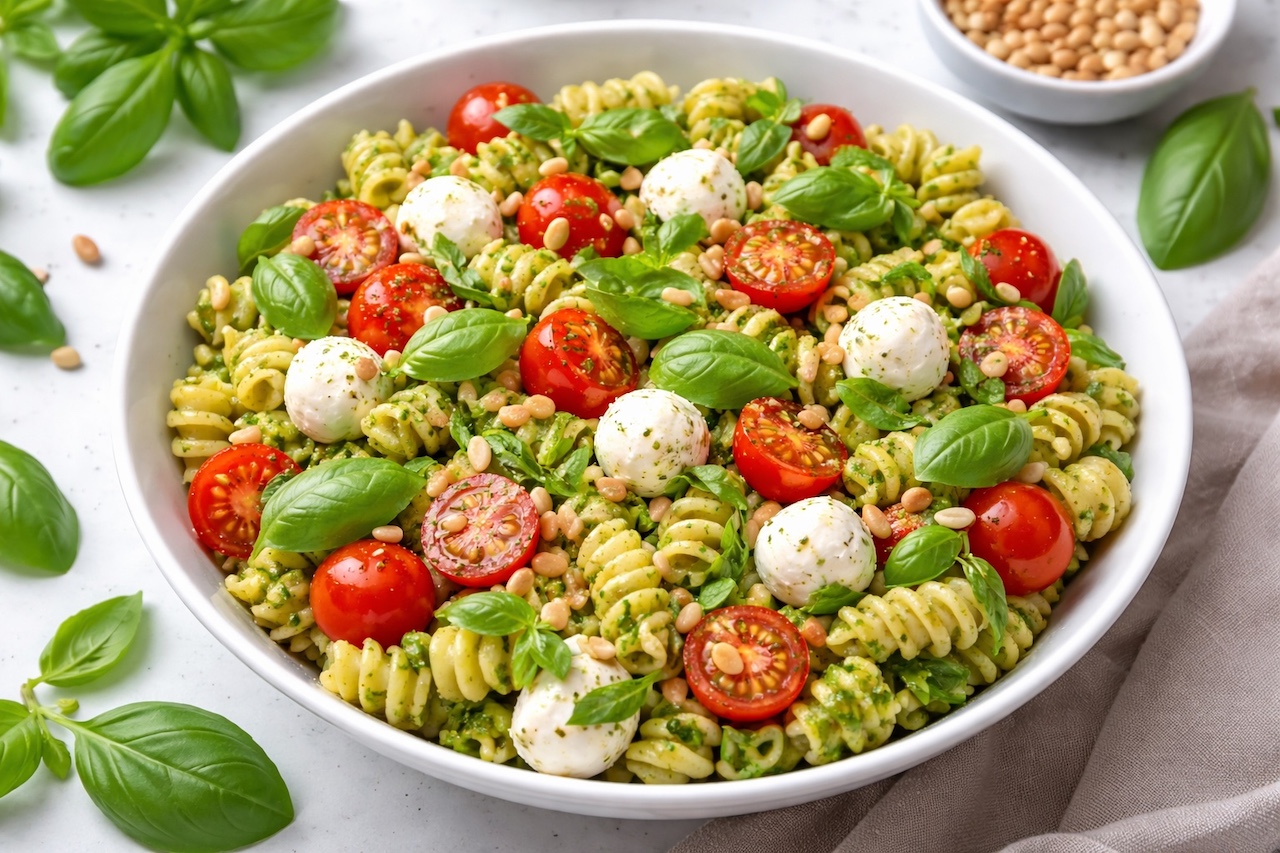 Salade de pâtes pesto mozzarella tomates cerises